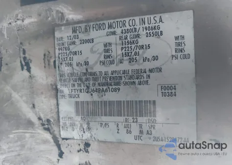 2004 Ford Ranger Edge/Xl/Xlt from USA, damaged, VIN 1FTYR10U64PA61089